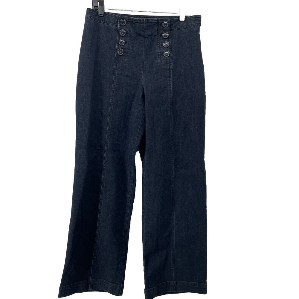 Talbots Wide Leg Jeans Women's 12 High Rise Sailor Front Dark Wash Stretch Boho